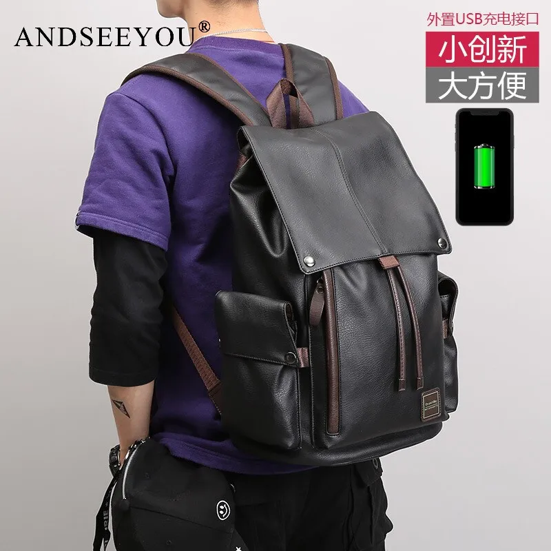 

Andseeyou Brand New Genuine Leather Men's Backpack Backpack Korean Fashion Trendy Large Capacity Cow Leather Computer Bag School