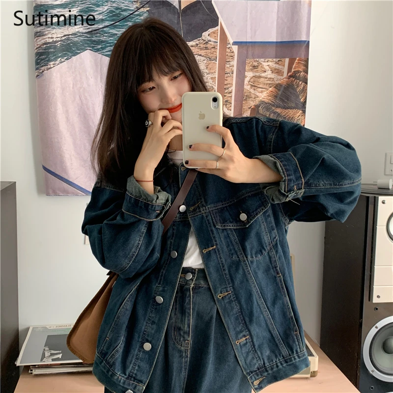 

Spring Autumn Women Set Vintage Loss Oversize Denim Jacket and Long Skirt Long Sleeve Coat High Waist Denim Skirt