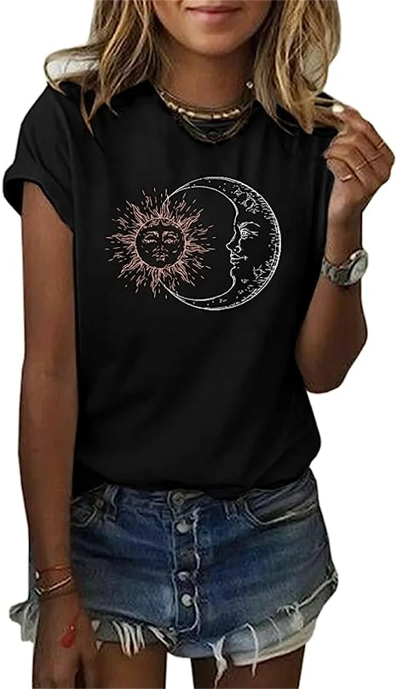 

Футболка MaQiYa женская с графическим принтом, винтажный хлопковый топ с коротким рукавом, с принтом Луны и солнца, на лето