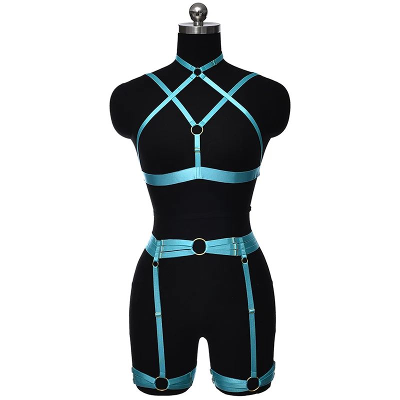 

Lady Elastic Blue Body Harness Lingerie High Waist Garter Belt Set Cage Bondage Stockings Dance Suspender Adjustable Harness Bra