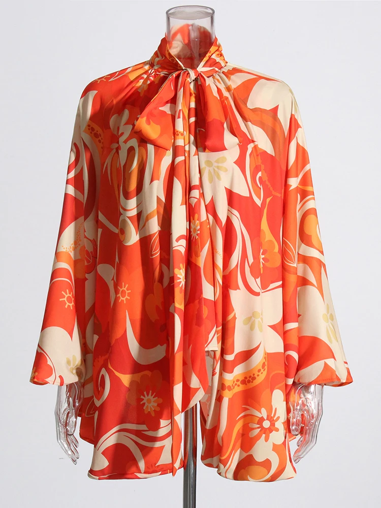 Женская рубашка с бантом на воротнике длинным рукавом летучая мышь