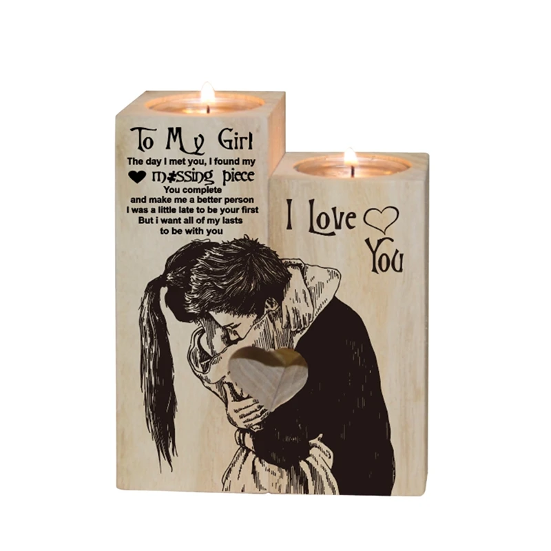 

Valentine's Day Decoration Heart-Shaped Craft Wooden Candlestick Shelf Set with Printing for Friends Lovers Gift