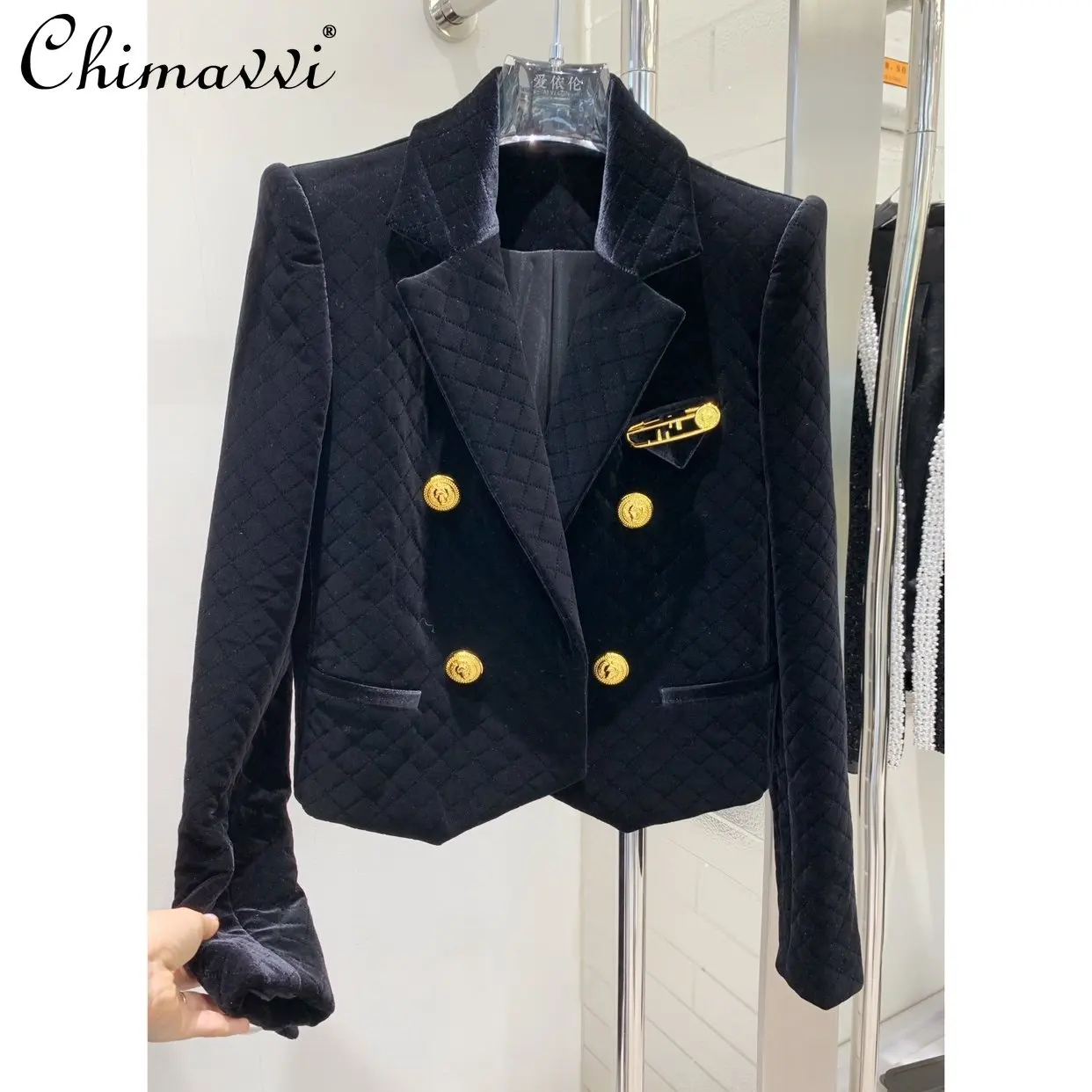 

2022 Autumn Winter New Korean Style Fashion Gold Velvet Short Suit Coat Women Elegant Office Lady Slimming Cotton-Padded Jacket