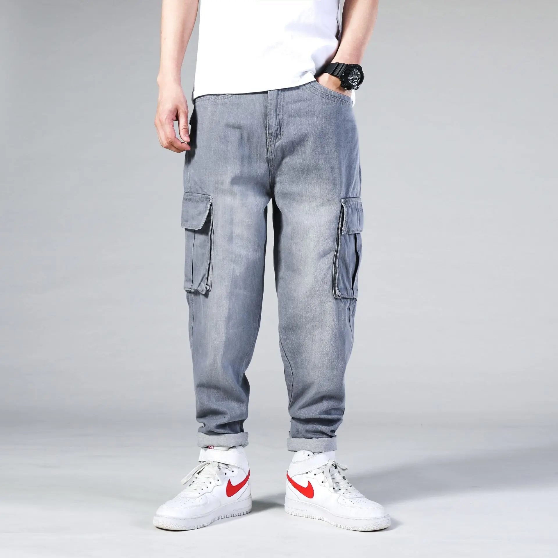 Oversize Straight Black Jeans Mens Streetwear Cotton Denim Pants Fashion Men Elasticity Jeans Wide Leg Pants Blue Loose Trousers