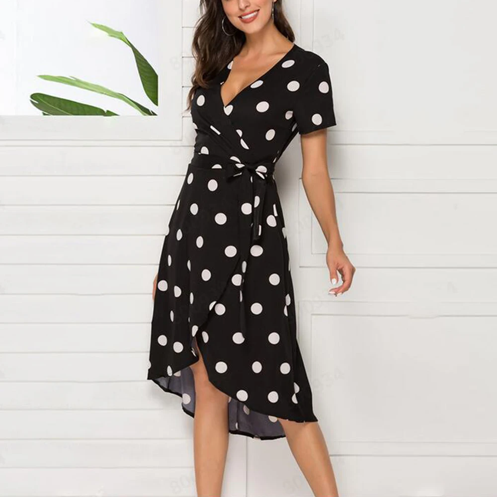 

Dress 2022 Summer Waist Short-sleeved V-neck Sexy Ladies Polka Dot Bohemian Long Skirt Casual Beach Women's Clothing