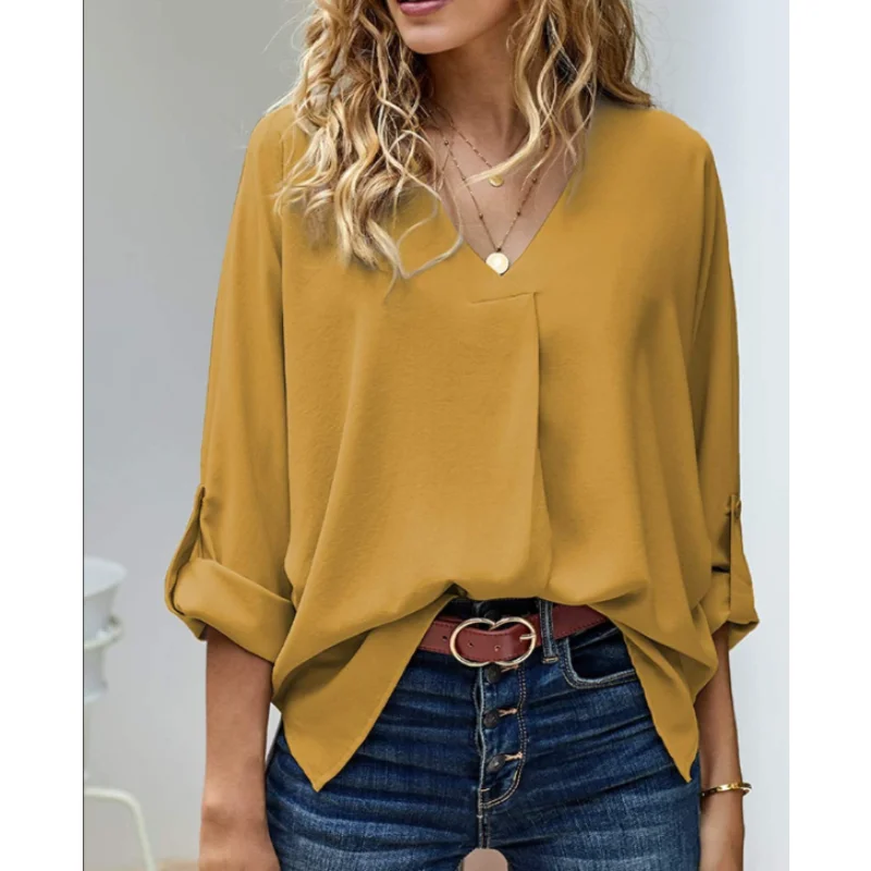 

Пикантная свободная Облегающая рубашка с V-образным вырезом, повседневный Топ с длинным рукавом, универсальная блузка, однотонная шифоновая футболка для женщин, новинка 2023, модные блузы