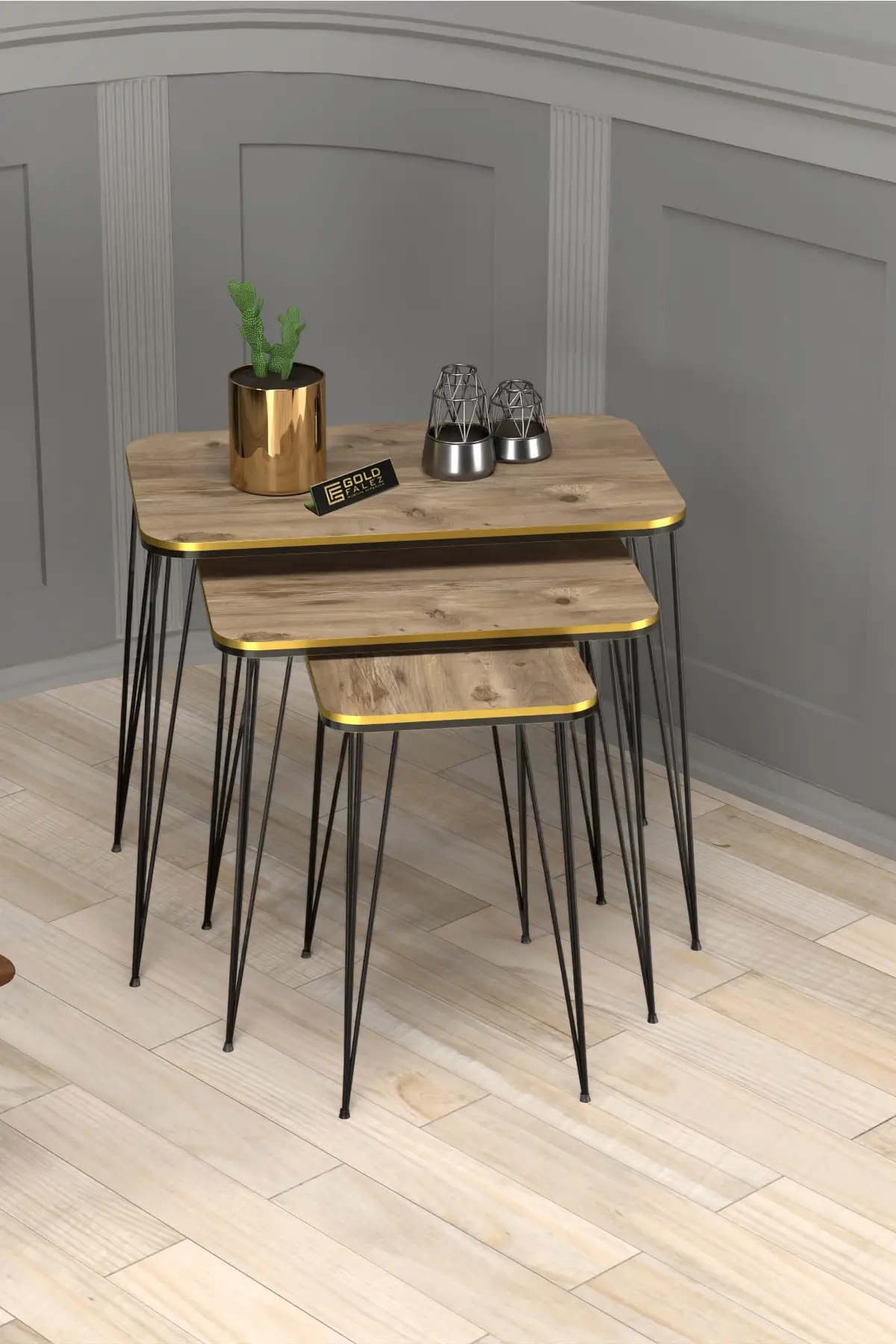 

Modern Furniture Wooden Nelling Table 3 Piece Side Table Tea Coffee Serving Table Rectangle Living Room Wire Leg De Mounted