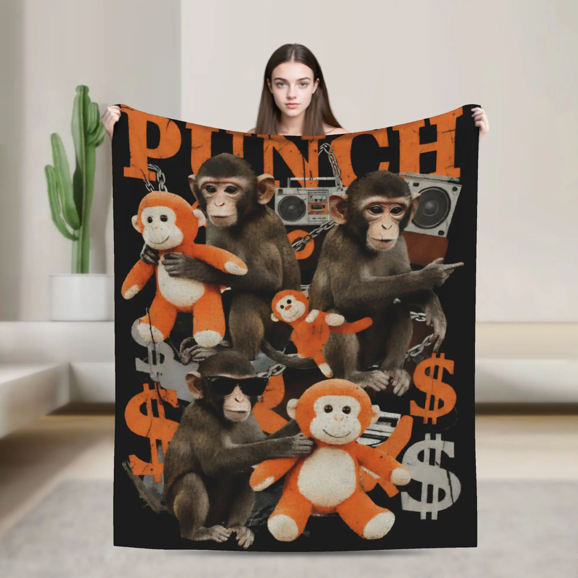 Фото Плед с изображением милой обезьянки из команды Monkey Punch, разноцветный, супермягкий и теплый, для дивана, кушетки и кровати. №1