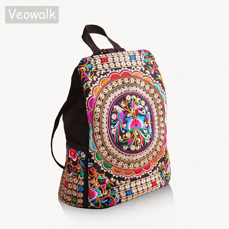 

Veowalk Vintage Artistic Embroidered Women Canvas Backpacks Handmade Floral Embroidery Rucksack Schoolbag Denim Travel Bags