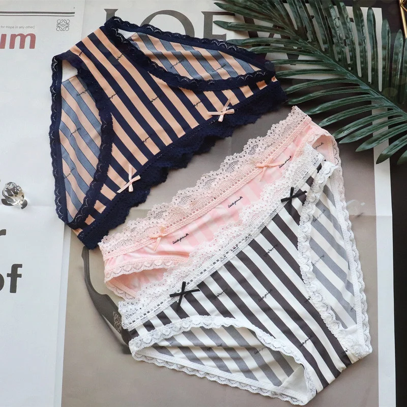 

Striped Ice Silk Traceless Lace Sexy Women's Underwear Breathable Cotton Crotch Cute Pink Panties Soft Seamless Briefs Lingerie