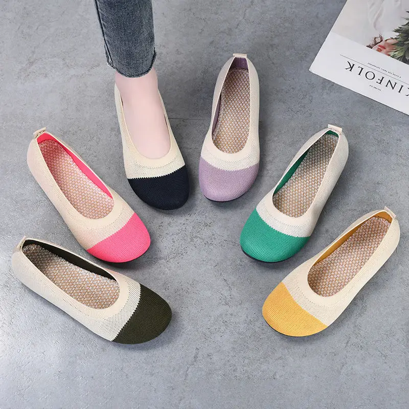 patterned weave loafers for women summer patchwork flats mom shallow barefoot shoes woman female two tone slip on ballet flats