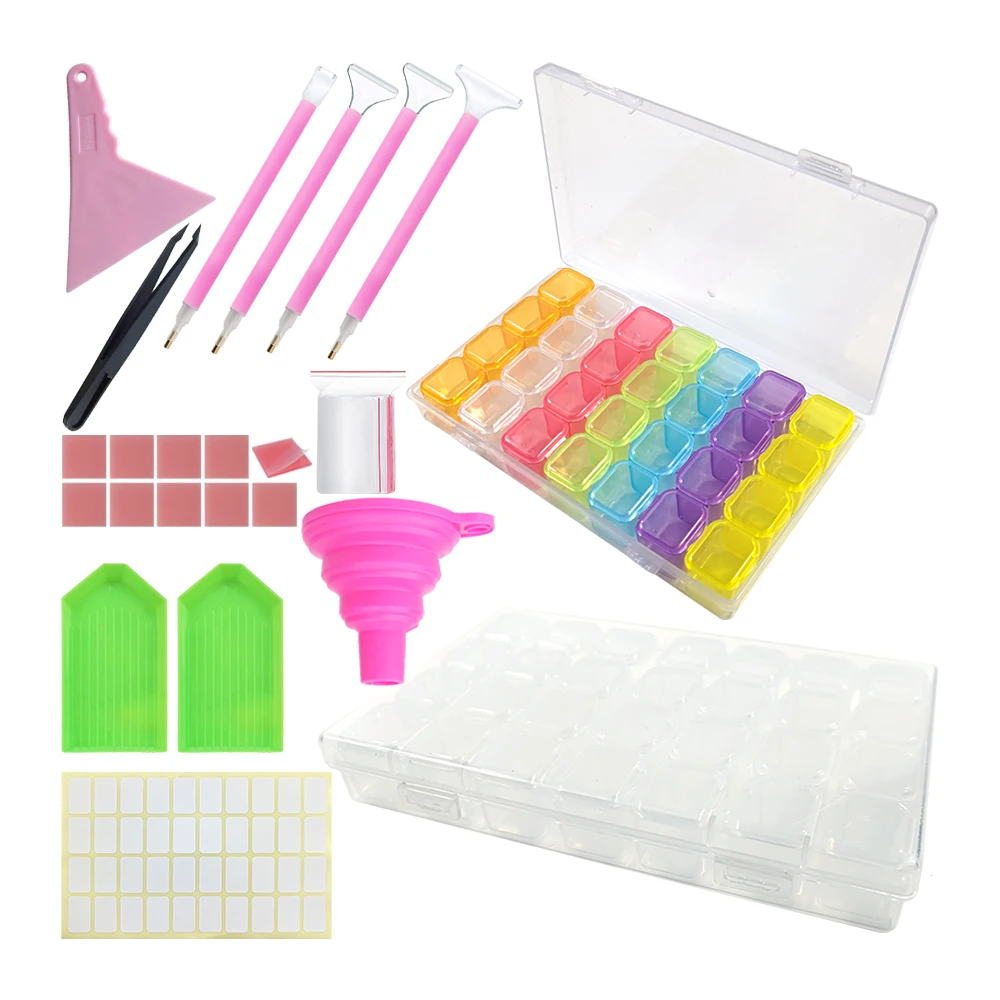 

28 Grids Diamond Painting Tools Storage Box with Funnel Sticker Pen 5D DIY Cross Stitch Embroidery Accessories Container