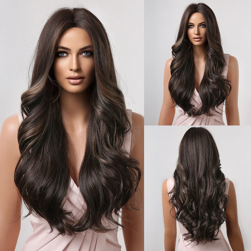 

Long Wavy Synthetic Wigs Dark Brown with Highlight Hair Wigs Middle Part Natural Hair for Black Women Daily Heat Resistant Wigs