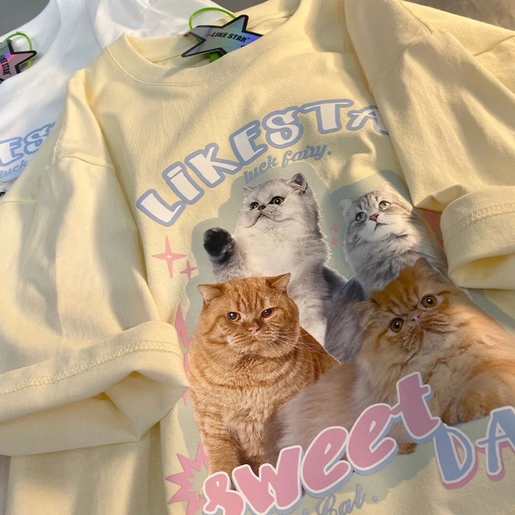 Женская супермилая футболка с котом свободная Милая женская коротким рукавом