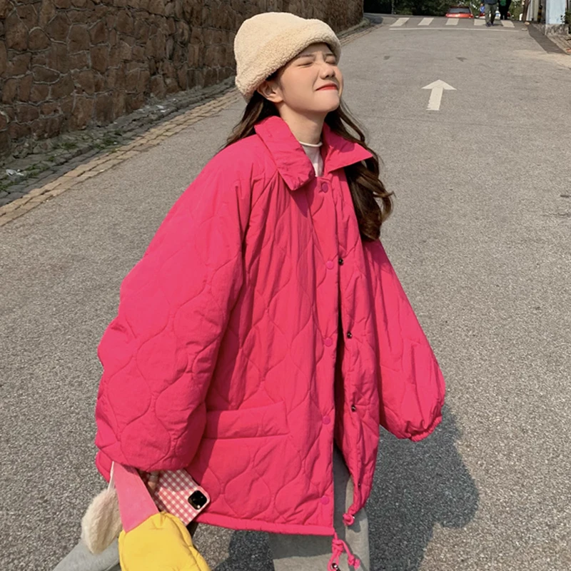 

Модная красная зимняя одежда в Корейском стиле, теплый пуховик, свободная ветровка, мешковатое Прямое пальто, повседневный пуховик в стиле ...