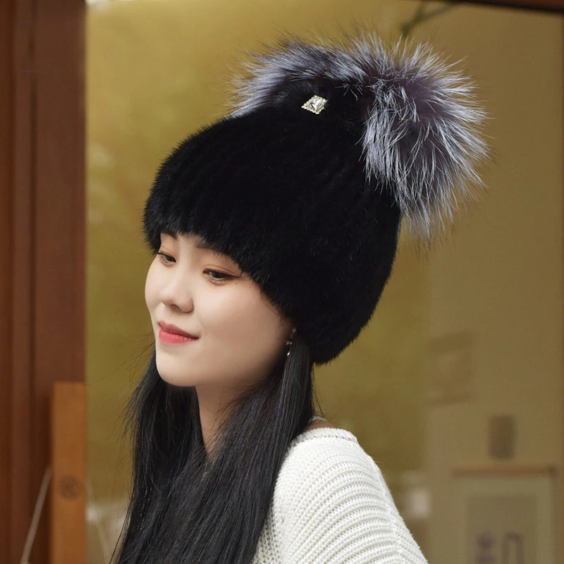 Women's Real Mink Fur Hat Fox Fur Beanie Cap Winter Warm Headwear Ski Hat Black