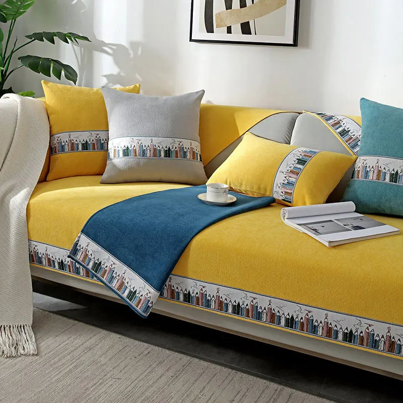 

Crayon Printing Chenille Sofa Covers Set Solid Color Four Season Universal Anti-slip Sofa Towel Armchair Cover for Living Room
