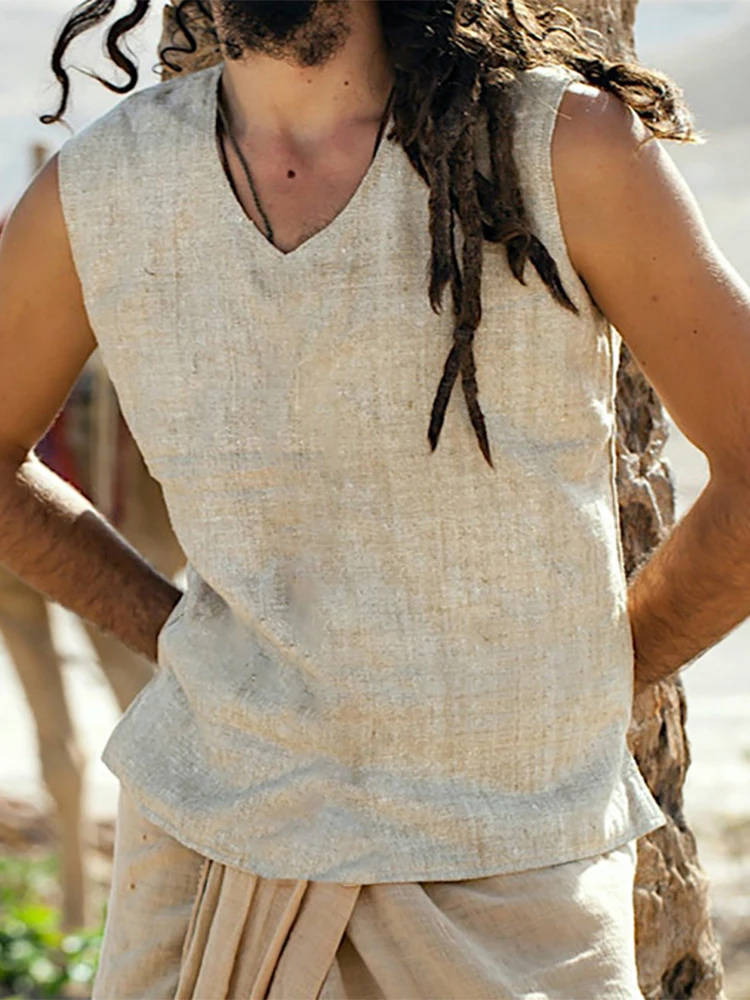 

Summer Casual Men Cotton Linen Vest Sleeveless V-Neck Loose Tanks 2022 Solid Color Men Pullover Tank Tops Male Slim Fit Vest