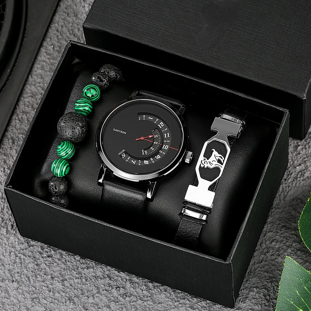 Creative Gift Set for Men Black Quartz Leather Men's Watch Adjustable Bracelets Luxurious Birthday Anniversary Watches Gifts Kit enlarge