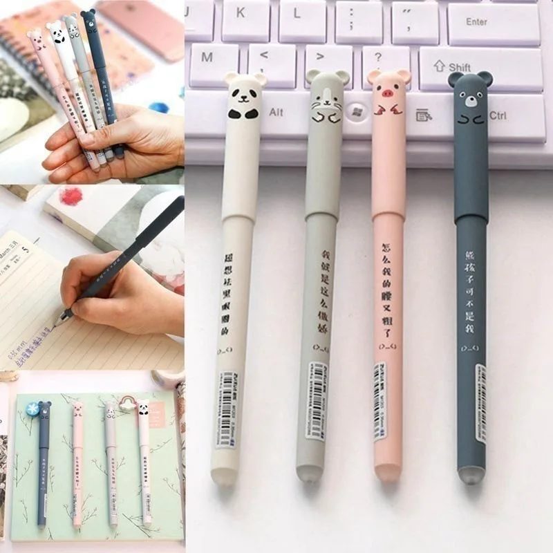 

4 Pcs/lot Cute Pens Cartoon Animals Erasable Pen 0.35mm Refill Rods Washable Handle Gel Pen For School Child's Kawaii Stationery