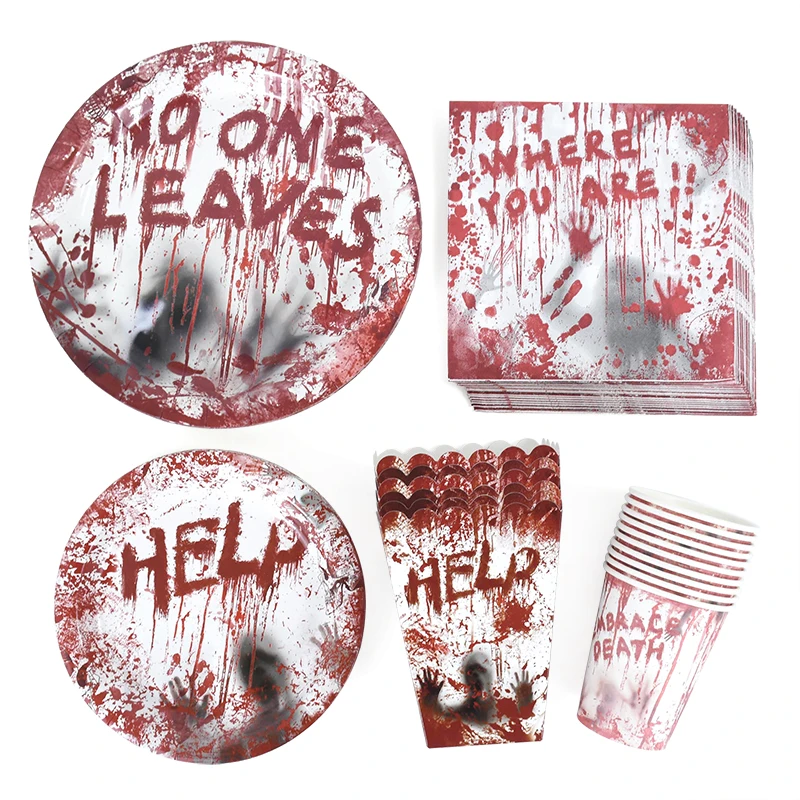 

Halloween Party Bloody Hands Disposable Tableware Set Paper Plates Cups Napkins Tablecloth Scary Horror Halloween Decor Supplies