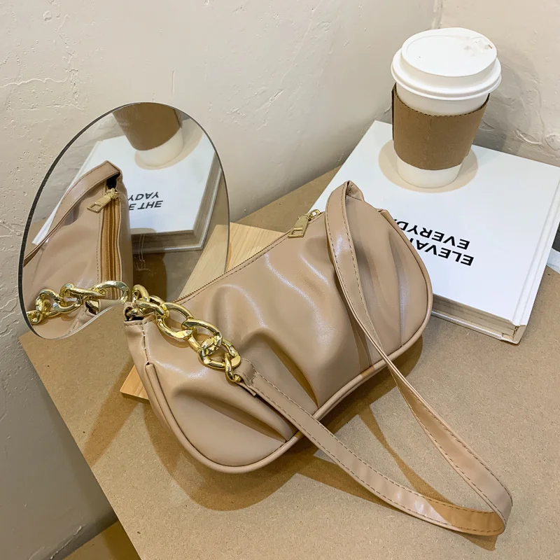 

Vintage Women Pleated Thick Chain Shoulder Underarm Bag Casual All-match Ladies Small Handbag Purse Pure Color Square Bags