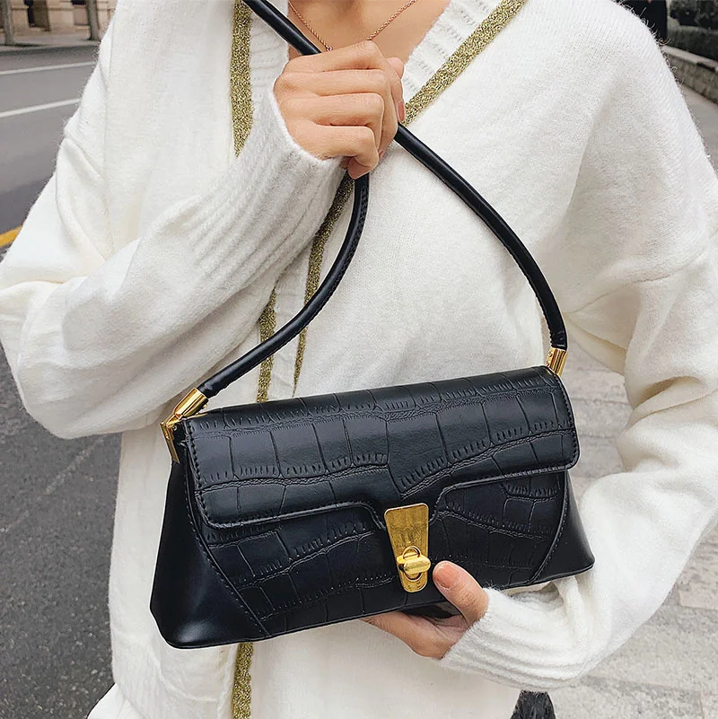 Classic Crocodile Leather Shoulder Bag Leather Pattern French Style Shoulder Bag