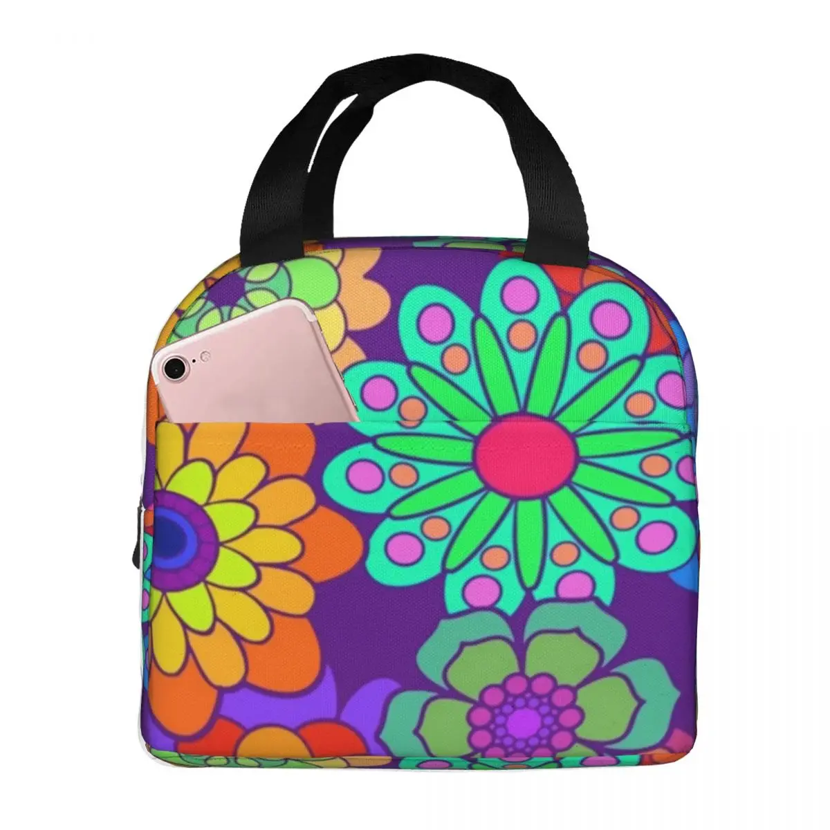 

70S Flower Power Lunch Bag with Handle Retro Hippy Print Elegant Cooler Bag Zipper Picnic Aluminium Thermal Bag