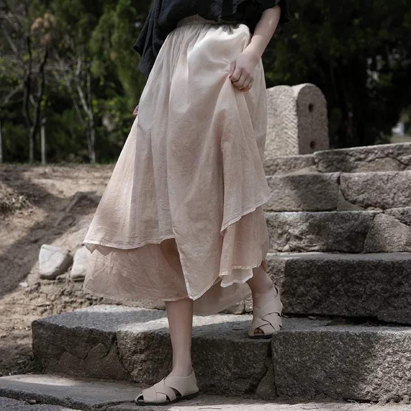 

Summer Cotton and Double Linen Skirt Women's New Fashion Retro Gradient Solid Color Big Swing High Waist Mid-length A-line Skirt
