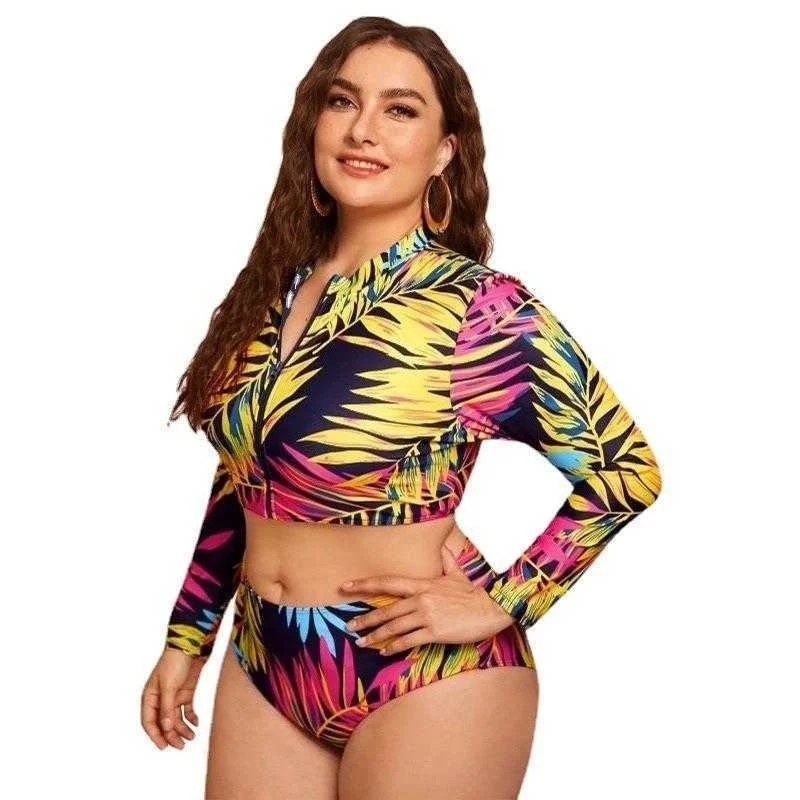 

Large Size Split Swimsuit Long Sleeve Sunscreen Digital Printing Plus Sized