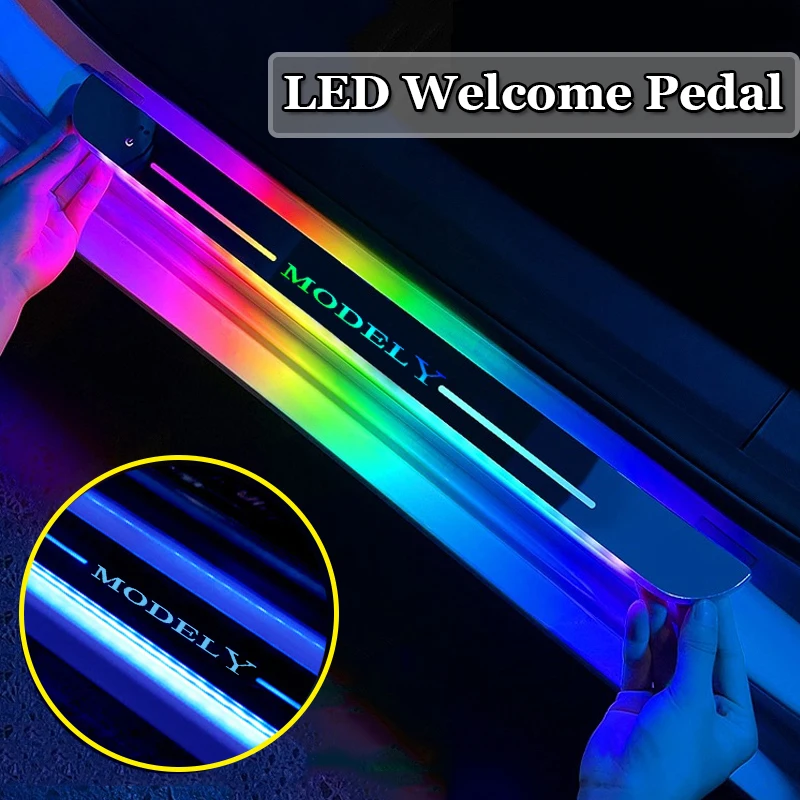 

For Tesla Model Y Wireless 7 Colors LED Car Welcome Pedal USB Charging Acrylic Door Sill Light Interior Accessories