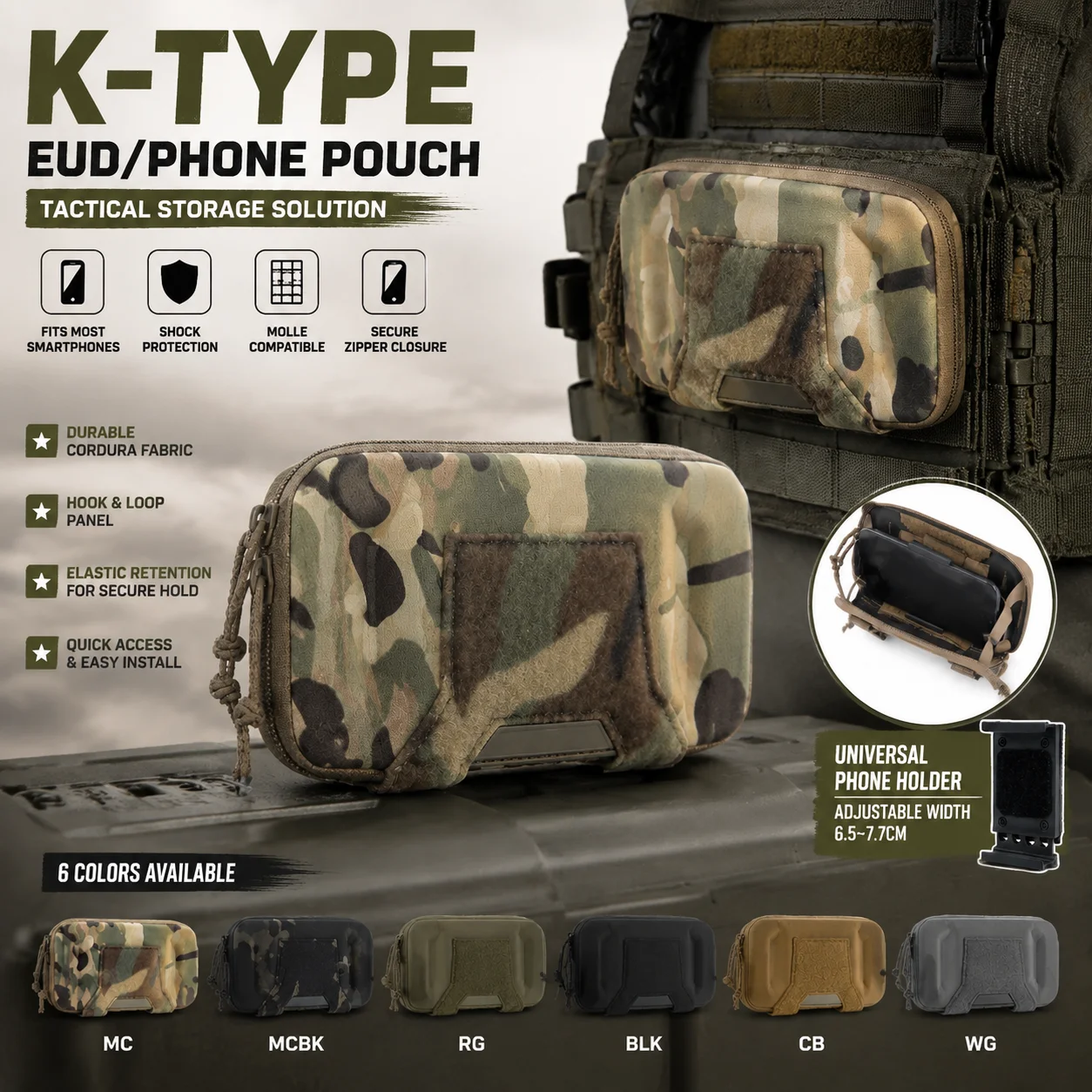 Фото Тактический чехол для телефона K Type EUD с креплением MOLLE, универсальный держатель для смартфона, крепление на жилет, сумка для хранения снаряжения для активного отдыха. №1