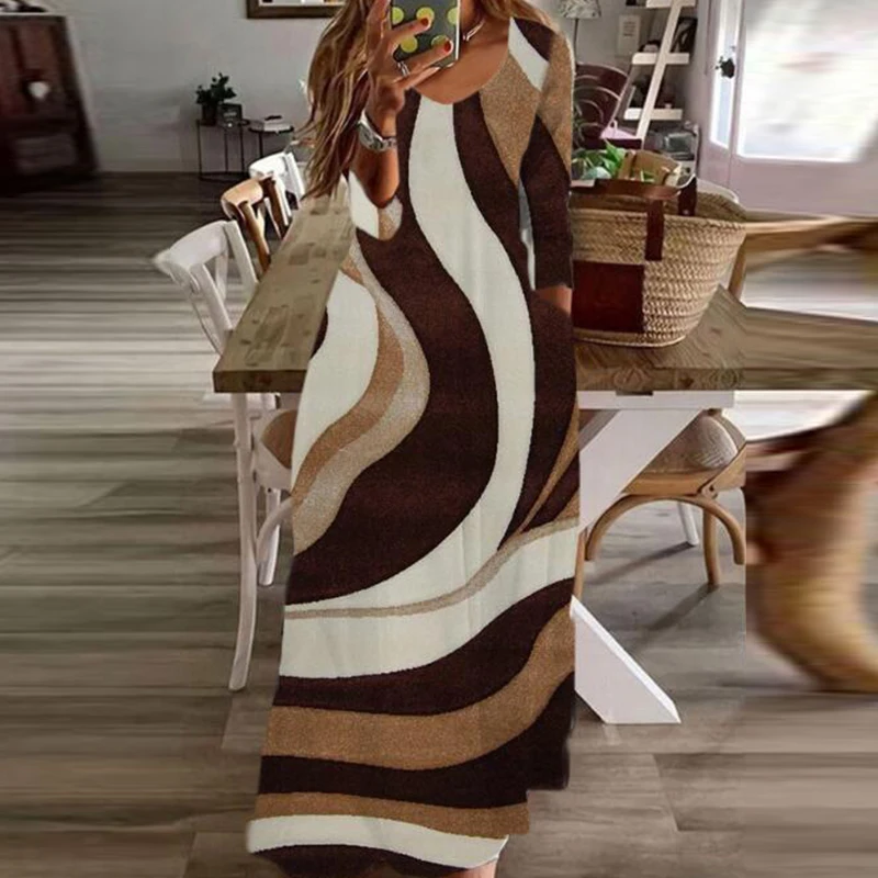 

Autumn Ladies Vintage O-Neck Printed Maxi Dress Women Harajuku Long Sleeve Pocket Loose Dress Casual Pullover A-Line Dress Mujer