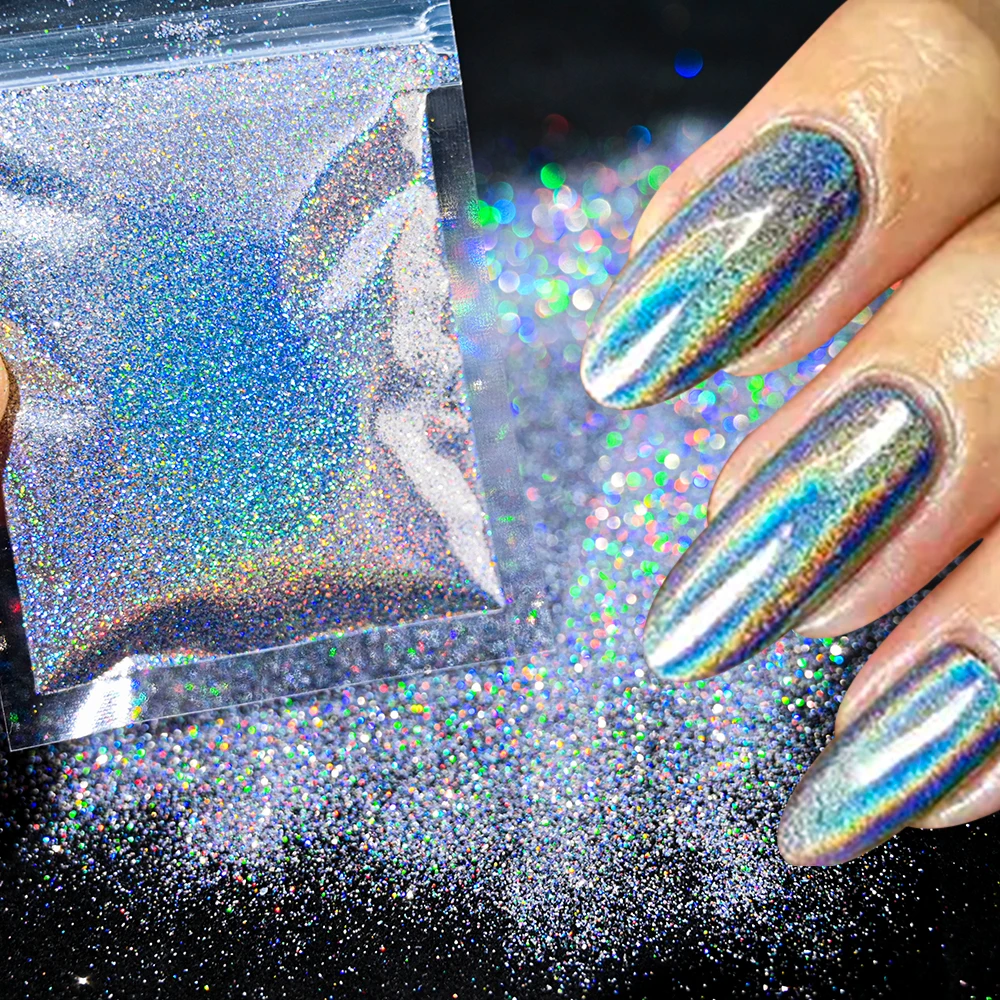 

10g Laser Black Silver Gold 0.2mm Fine Nail Powder Glitter Holographic Shiny Fine Pigment Dust Shimmer UV Gel Polish Flakes