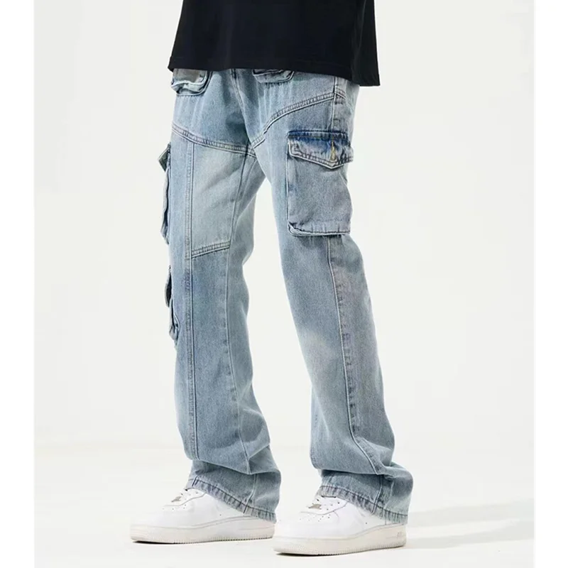 Streetwear Men Casual Multi Pocket Jeans Straight Cylinder Blue Comfortable Versatile New Style Wide Leg Trousers Autumn Female