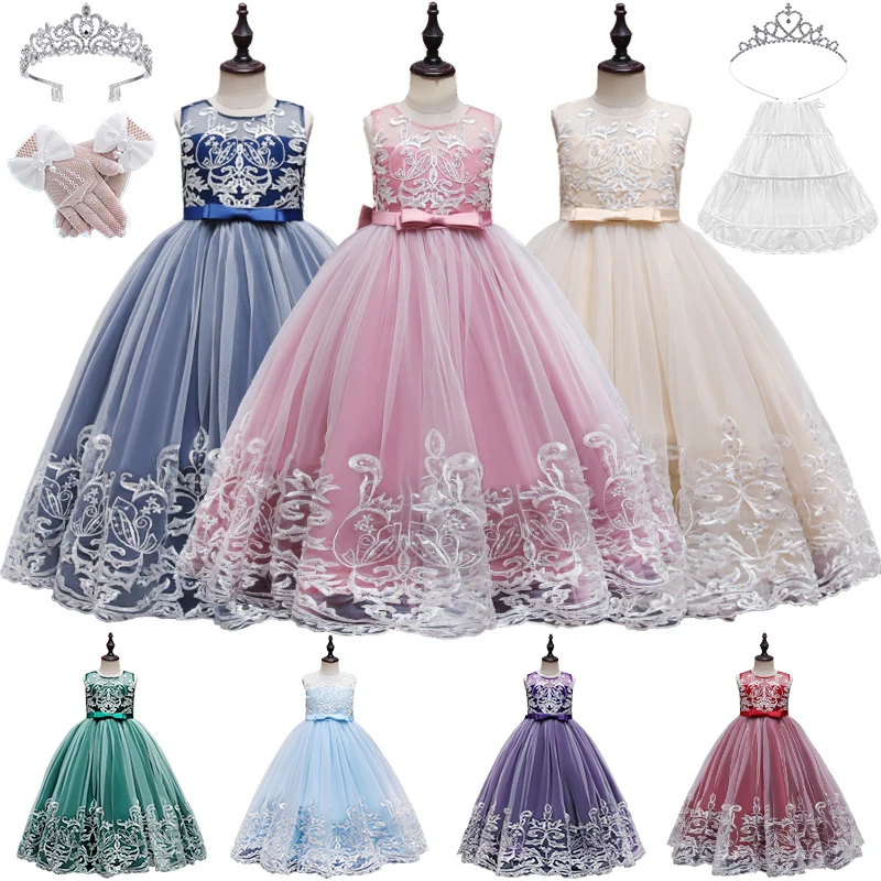 

Formal Occasion Pageant Girls Lace Flower Sequin Long Bridesmaid Dresses Children Graduation Ceremony Host Wedding Party Costume