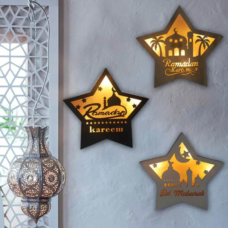 

Hot Ramadan Eid Mubarak Decorations For Home Moon Pentagram LED Light Wooden Plaque Islam Muslim Event Party Ramadan Decoration