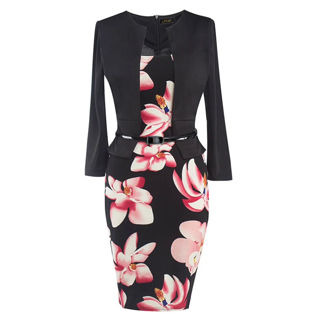 

2020 Spring Women's Fake Two Piece Slim Print Dress Three-quarter Sleeves