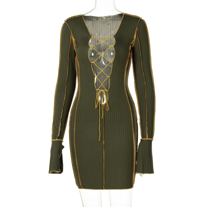 

2021 Long Sleeve Hollow Bandage V-neck Sexy Mini Dress Fall Winter Women's Fashion Street Clothing Set Party Clothing Vestidos