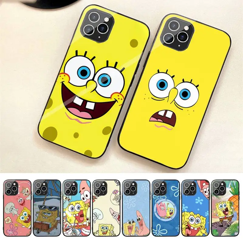 

Cartoon S-SpongeBob Phone Case For Iphone 7 8 Plus X Xr Xs 11 12 13 Se2020 Mini 14 Pro Max Tempered Glass Fundas