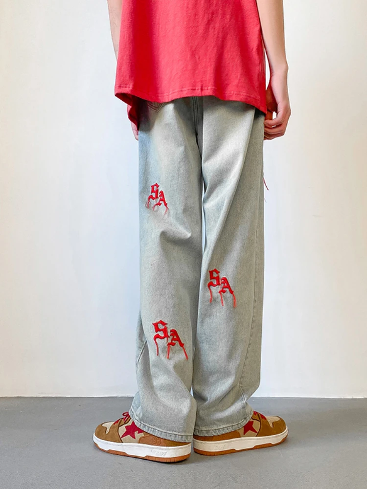 Embroidery Style Y2k Men's Jeans Straight Spoken Fashion Casual Long Pants Hip -hop Boyfriend Wind Jeans Street Clothing Denim
