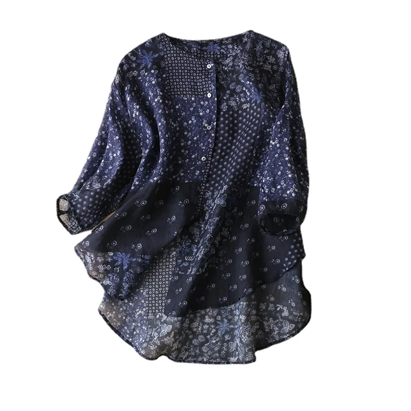 

SHUCHAN Print Ladies Tops Oversized Ramie Indie Folk O-Neck Blouses for Women Blusas Mujer De Moda 2022 Verano Elegantes