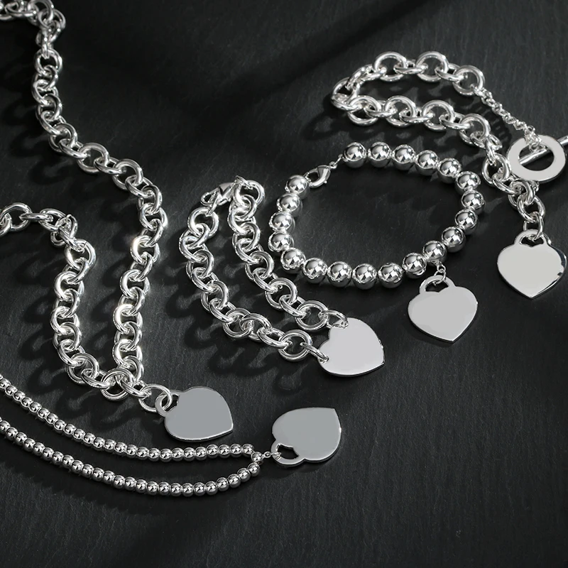 

925 Sterling Silver Silver Heart Necklace Heart Bead Bracelet Fashion Women Holiday Gifts Fine Jewelry Free Shipping