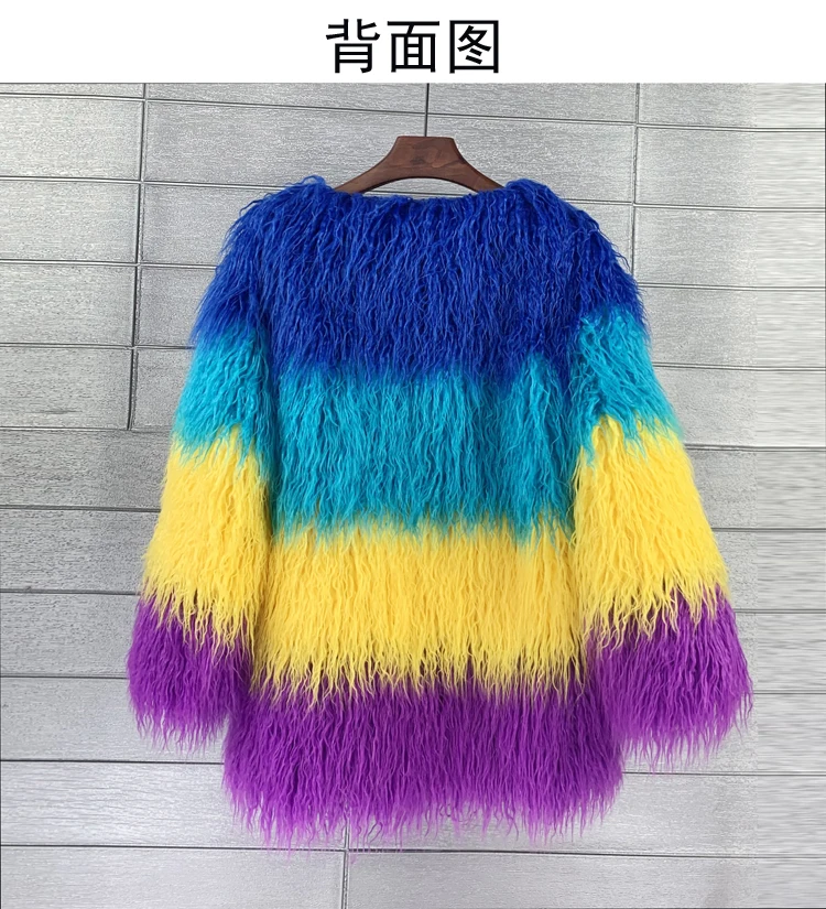 Woman's Contrast Color Imitation Fur Jackets 2023 Winter New Four-color Stitching Artificial Lamb Wool Mid-Length Faux Fur Coat