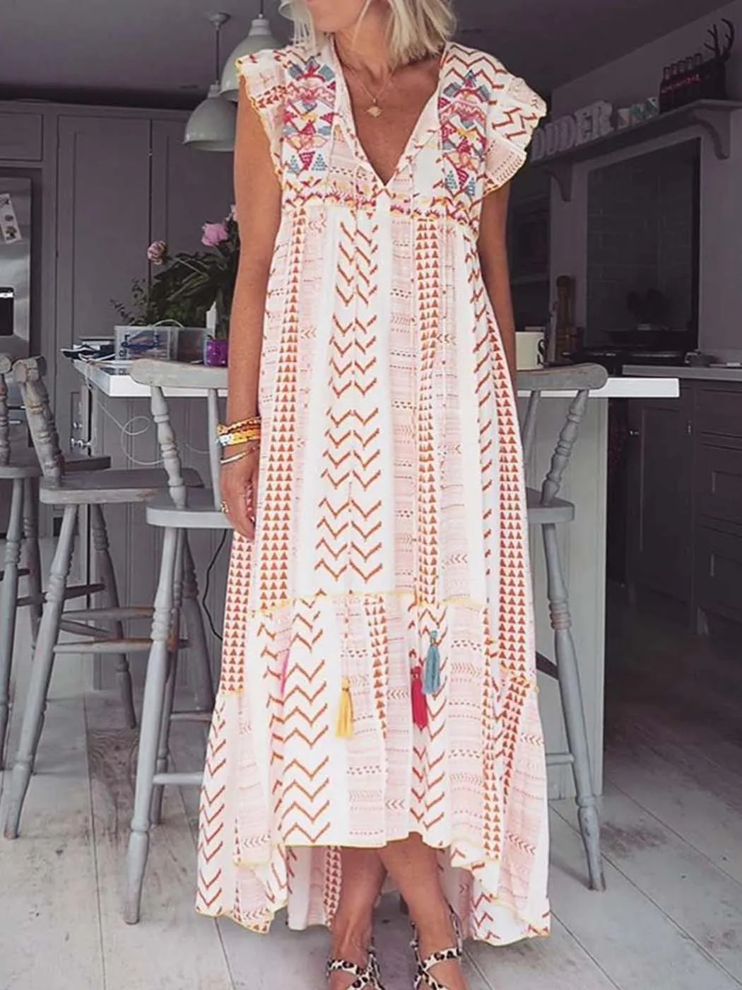 

Jastie Bohemian Print Long Dress Summer 2022 Flying Sleeve V Neck Patchwork Loose Casual Vacation Dresses Women Elegant Vestido