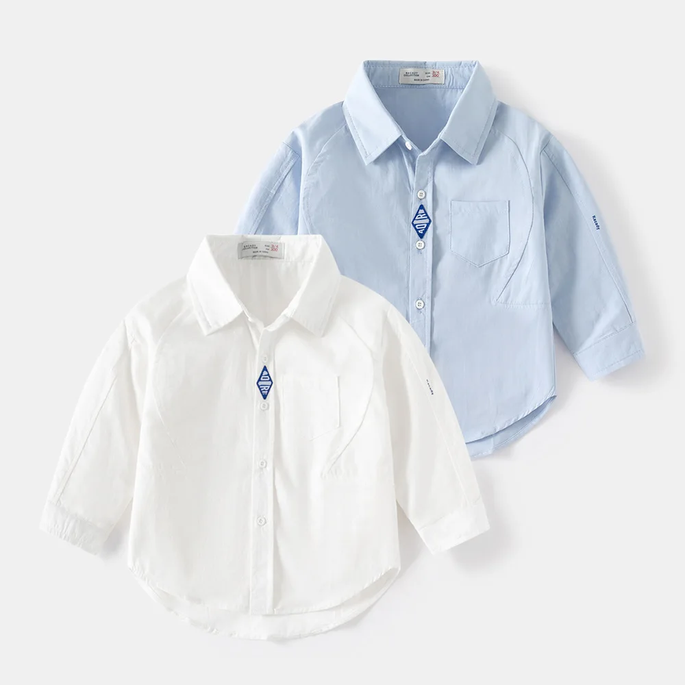

2023 White Blue Shirts for Boys 3-10Years Kids Tee Cotton Solid Color Long Sleeve Children Student Uniform Tops