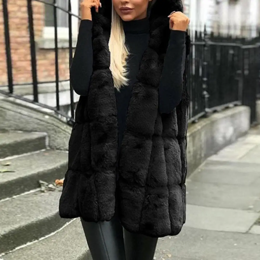 

2022 Autumn Winter Fur Vest Coats Across Stripe Long Luxury Fleece Coat Hooded Open Front Cardigan Waistcoat Outerwear