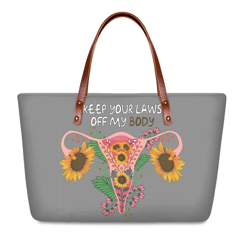 

Daily Bag Keep Your Laws Off My Body Letters Sunflowers Grey Color Print Custom Neoprene Tote Handbag Trending Women Handbag