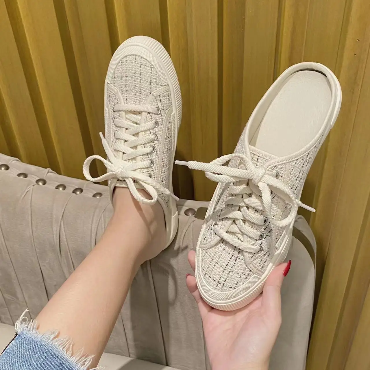 2022  Autumn New Women Shoes Wool Lace-up Sneakers Canvas Shoes Flat Casual Semi-slippers Lazy Shoes Mules Slingback Sneakers