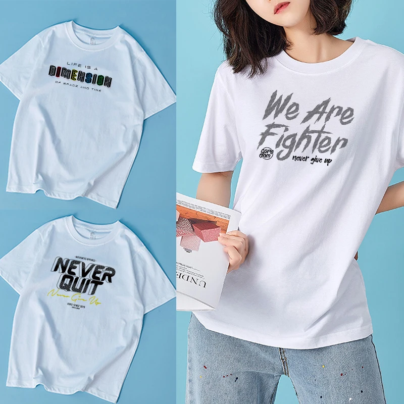 

Women's Simple Casual White T-shirt Slim Top Trendy Projection English Pattern Printing Series Round Neck Commuter Short Sleeve
